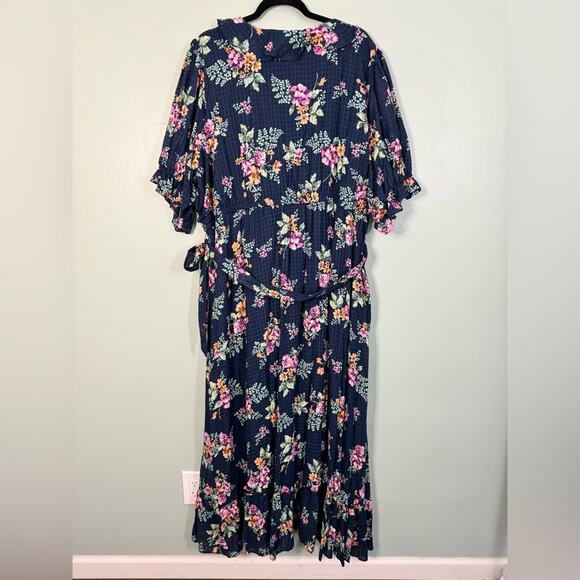 LC Lauren Conrad Floral Waffle Wrap Tie Ruffle Maxi Dress Navy Blue 4X Plus NWT - Picture 11 of 12